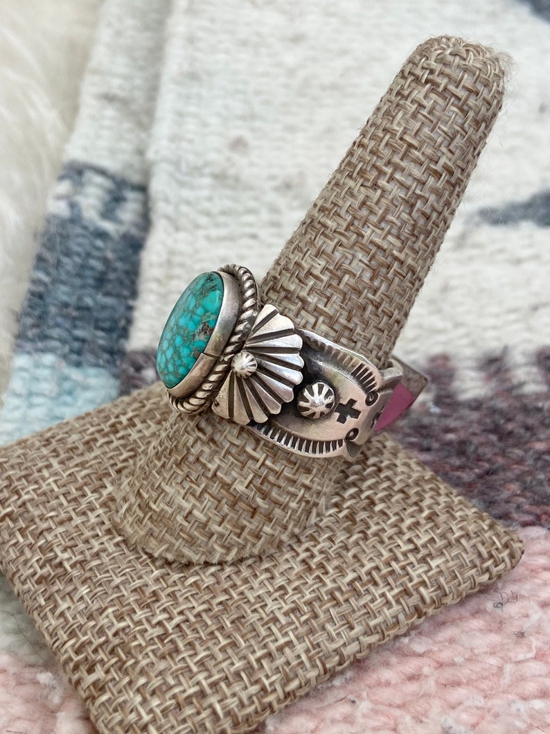 Size 10 ~ Contemporary Native American Navajo D Turquoise Stamped Ring Band #6122 Morgan Sterling Silver