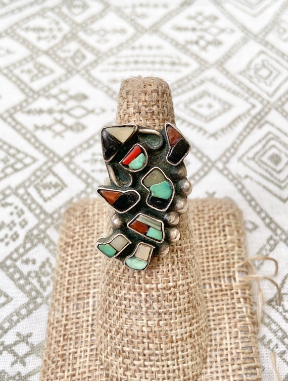 Vintage Zuni Hoop Clip On Earrings Vintage 1950s 1960s Mother of Pearl Black Onyx Turquoise+Coral on 925 Sterling Silver 1950s 1960s