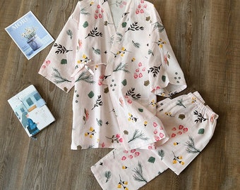 100/% Cotton Print Fruit Sakura Kimono Pajamas Robe For Women Cotton Yarn Kimono Pajama Set Sleepwear