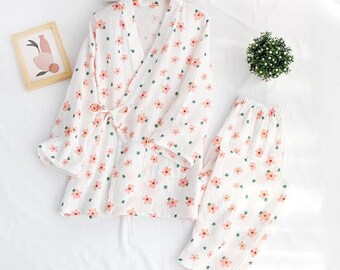 100/% Cotton Print Fruit Sakura Kimono Pajamas Robe For Women Cotton Yarn Kimono Pajama Set Sleepwear