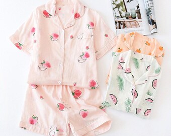 100/% Cotton Print Fruit Sakura Kimono Pajamas Robe For Women Cotton Yarn Kimono Pajama Set Sleepwear