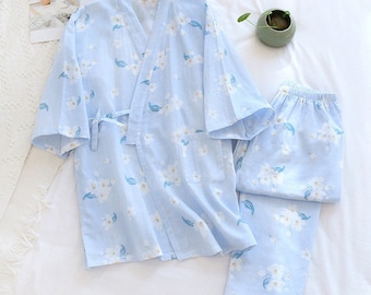 100/% Cotton Print Fruit Sakura Kimono Pajamas Robe For Women Cotton Yarn Kimono Pajama Set Sleepwear
