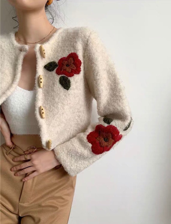Red Floral Embroidery Crop Top Jacket Streetwear|