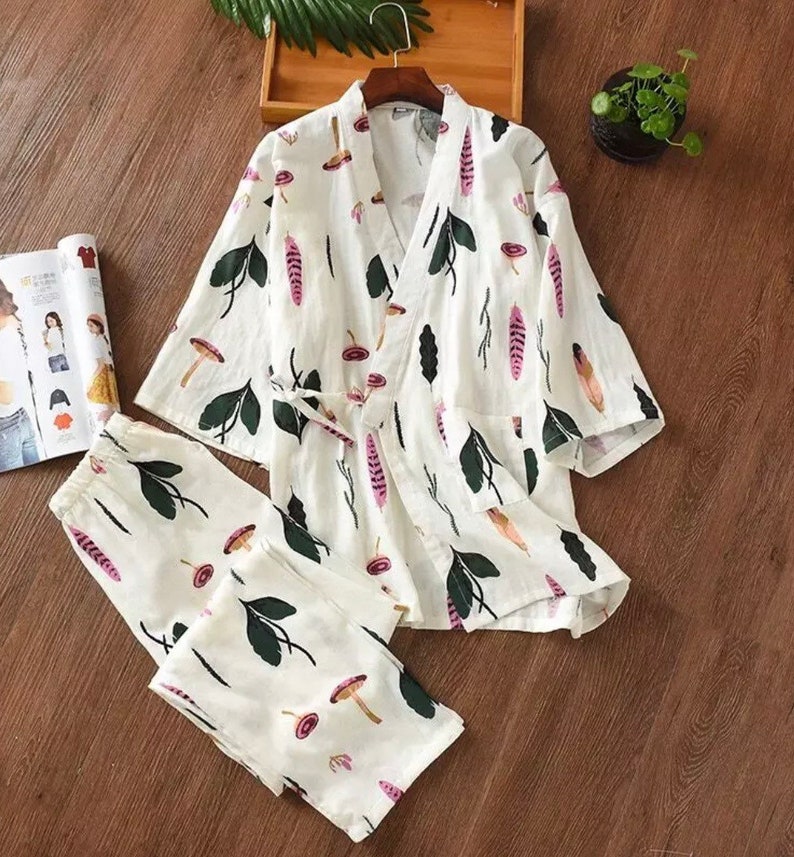 100/% Cotton Print Fruit Sakura Kimono Pajamas Robe For Women Cotton Yarn Kimono Pajama Set Sleepwear