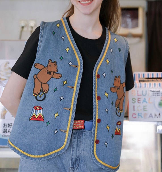 Women Kawaii Bear Cartoon Denim Jean Vest Coat Wom