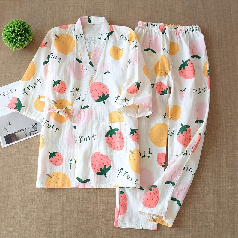 100/% Cotton Print Fruit Sakura Kimono Pajamas Robe For Women Cotton Yarn Kimono Pajama Set Sleepwear