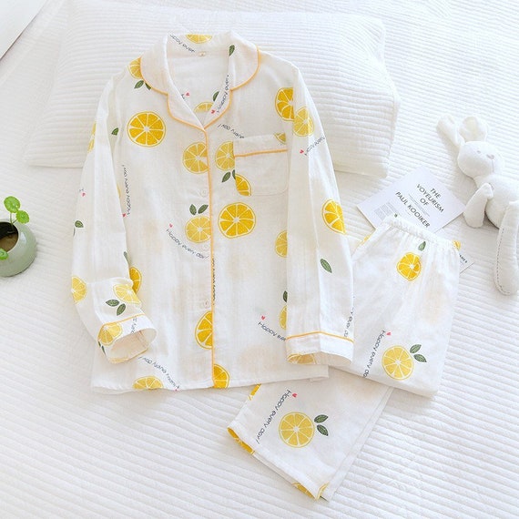 100% Cotton Print Lemon Button Down Pajamas Women Cotton Long - Etsy