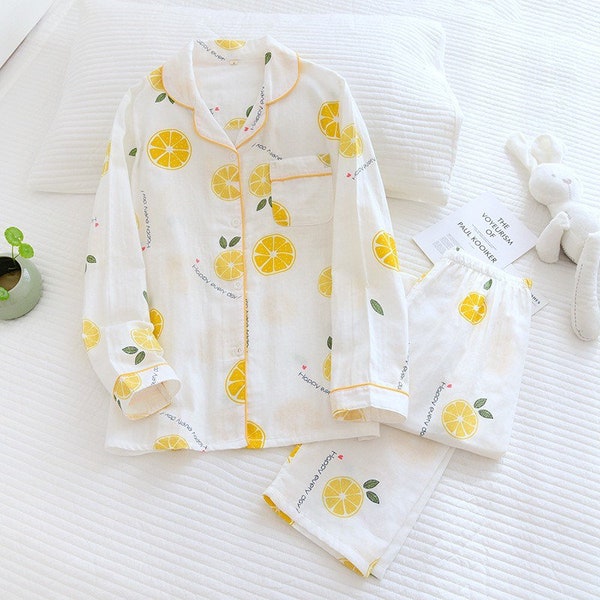 100% Cotton Print Lemon Button Down Pajamas Women- Cotton Long Sleeve Pajama Set Sleepwear