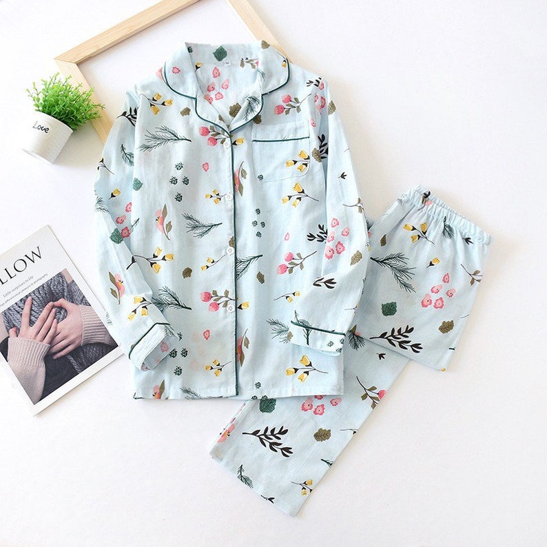 100% Cotton Print Floral Button Down Pajamas Women Cotton | Etsy