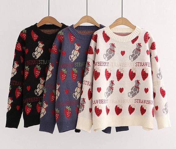 Women Autumn Sweater Cute Cartoon Bear Strawberry