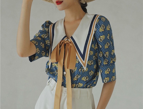 Vintage Blouse Ruffle Top Blue Collar Shirt Women