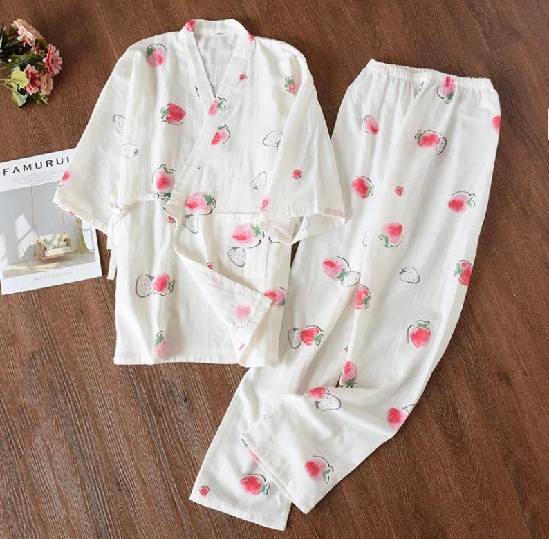 100 Cotton Print Strawberry Lemon Kimono Pajamas Cotton Yarn Etsy UK