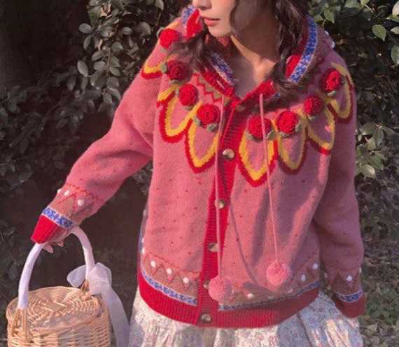 Strawberry Embroidery Knitted Sweater Women Drawst