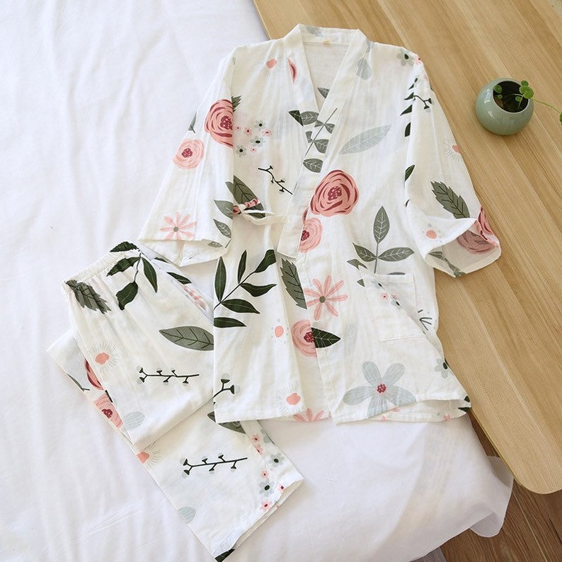 100% Cotton Print Rose Orange Floral Kimono Pajamas Women - Etsy