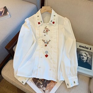 Women French Chic Elegant Embroidery White Button Split Temperament ...