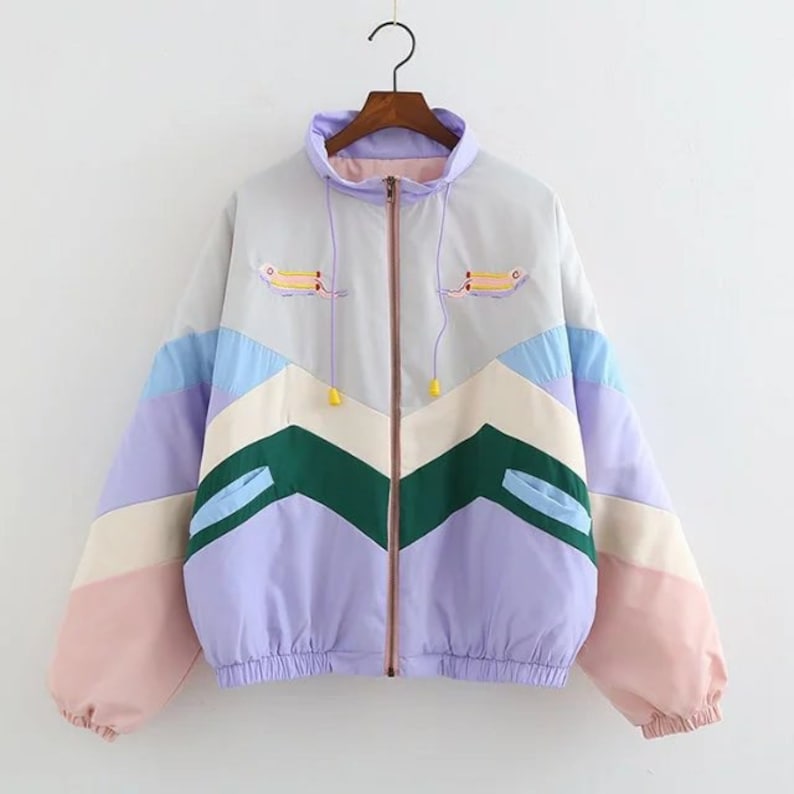 Women Pastel Bomber Kawaii Jacket Cute Embroidery Color Block Etsy