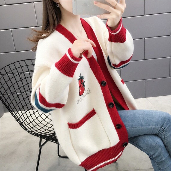 Embroidered Strawberry Cardigan Sweater Women Loos