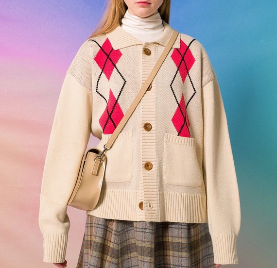 Preppy style Women Autumn winter plaid Cardigan Sw