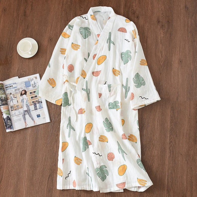 100/% Cotton Print Fruit Sakura Kimono Pajamas Robe For Women Cotton Yarn Kimono Pajama Set Sleepwear