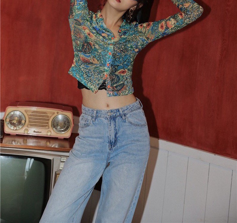 Women Mesh Dragon Print Shirt Long Sleeve Top Button up See - Etsy