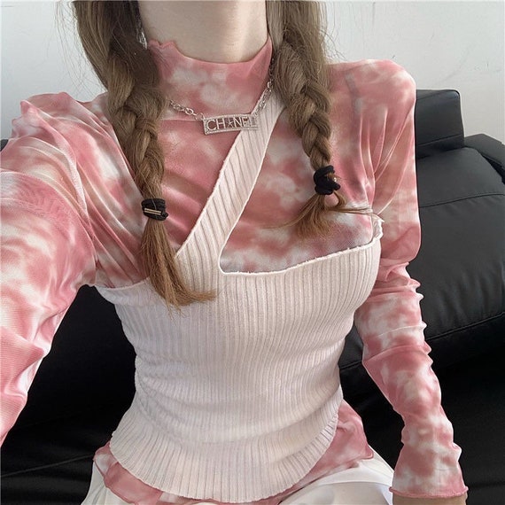 Turtleneck Tie Dye Mesh Blouse Women Long Sleeve See Through Top Ladies Top Clothing