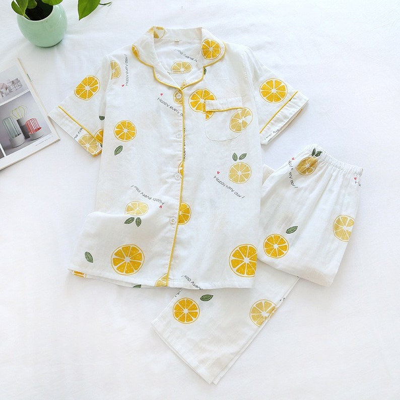 100% Cotton Print Lemon Peach Orange Button Pajamas for Women | Etsy