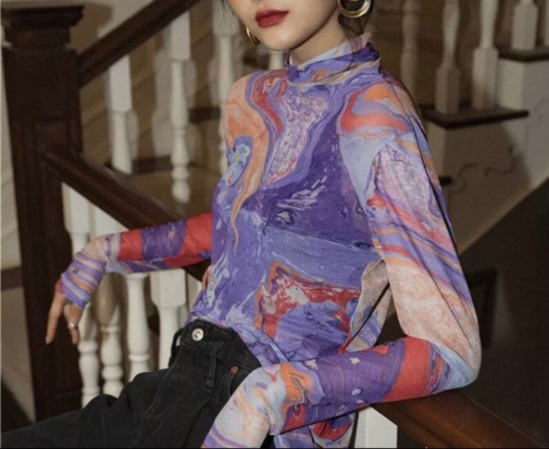 Fluid Print Turtle Neck Mesh Top Women Long Sleeve T Shirt Purple Tee Shirt Kawaii