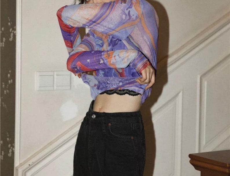 Fluid Print Turtle Neck Mesh Top Women Long Sleeve T Shirt Purple Tee Shirt Kawaii