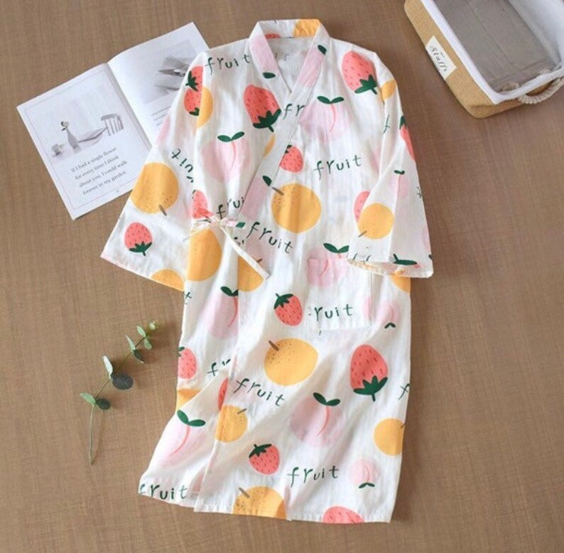 100/% Cotton Print Fruit Sakura Kimono Pajamas Robe For Women Cotton Yarn Kimono Pajama Set Sleepwear