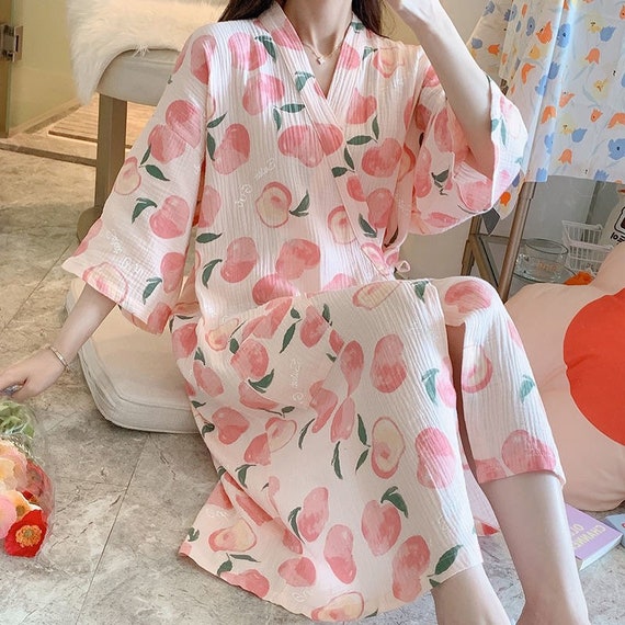 100 Cotton Crepe Yarn Fruity Peach Strawberry Long Robe Kimono