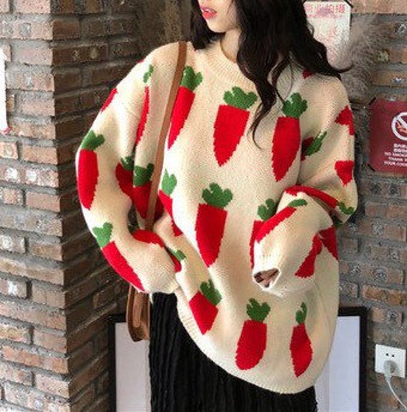 Women Strawberry Carrot Peach Oversized Sweater Pu
