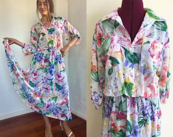 Vintage Gauze Floral Shirt Dress 70's
