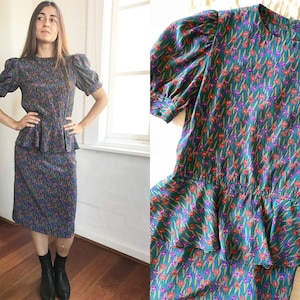 Vintage 90&#39;s Puff Sleeve Peplum Dress