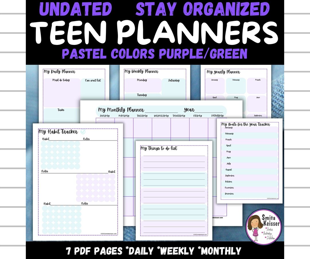 Printable Planner for Teens, Teenagers, Undated, Organizer, Purple/green Color Theme - Etsy