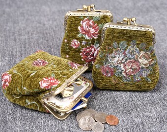 Vintage Handsewn Carpet Coin Purse Victorian Style Double Kiss Lock Card Pouch Ball Snap Clasp Bag Bridesmaid gift for her Bouquet Pattern