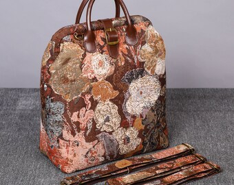 Multi-Functional Carpet Laptop Backpack Victorian Shoulder Bag Vintage Leather Handbag Work Bag Floral Blue Color