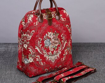 Multi-Functional Carpet Laptop Backpack Victorian Shoulder Bag Vintage Leather Handbag Work Bag Floral Blue Color