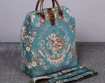 Multi-Functional Carpet Laptop Backpack Victorian Shoulder Bag Vintage Leather Handbag Work Bag Floral Blue Color