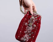 Carpet Phone Case Passport Holder Vintage Handsewn Double Kiss Lock Pouch Travel Glasses Bag Bridesmaid gift for her Rose Series Red