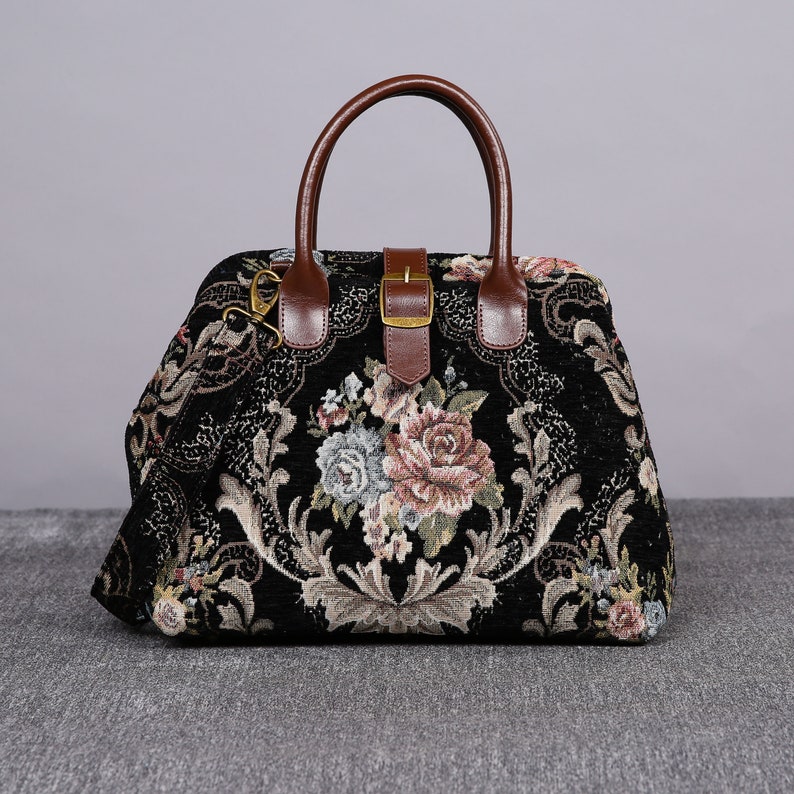 Victorian Clothing Personalized Victorian Carpet Bag Mary Poppins Vintage Leather Handmade Hand Bag Bridesmaid Gift for Her Floral Black Color $146.00 AT vintagedancer.com