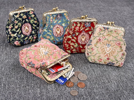 Vintage Handsewn Carpet Coin Purse Victorian Style Double Kiss Lock Card  Pouch Ball Snap Clasp Bag Bridesmaid gift for her Oriental Color