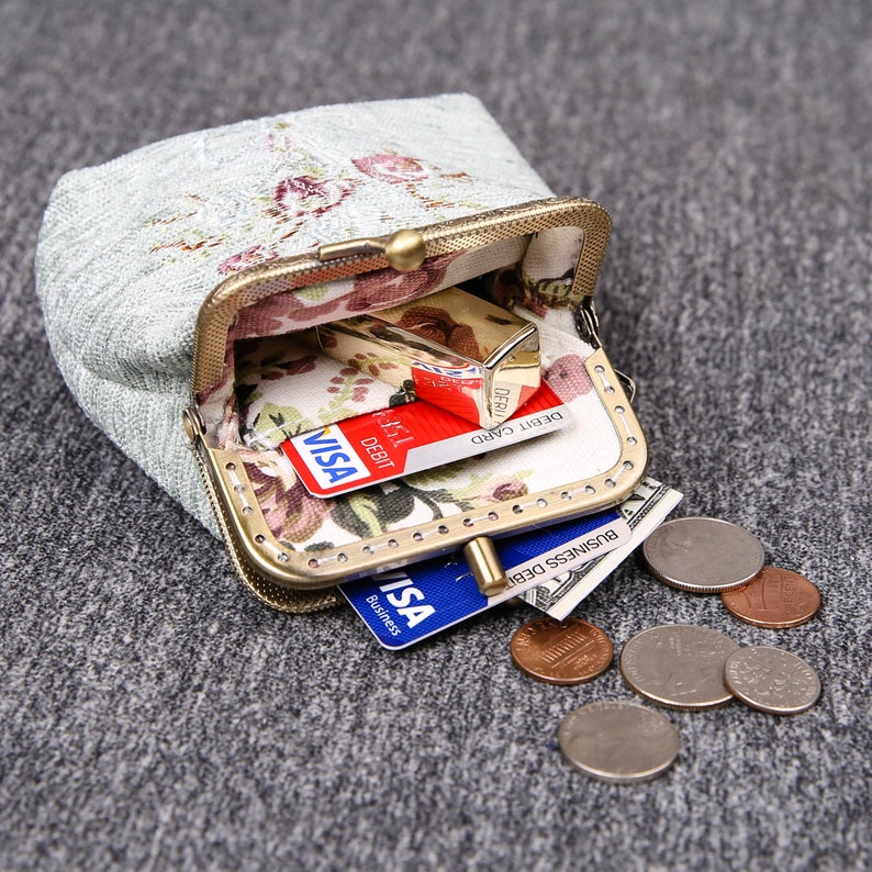 Vintage Handsewn Carpet Coin Purse Victorian Style Double Kiss Lock Card Pouch Ball Snap Clasp Bag Bridesmaid gift for her Bouquet Pattern