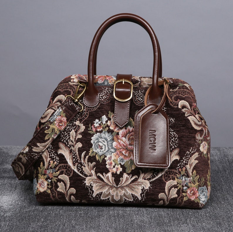 Vintage Handbags, Purses, Bags *New*     Personalized Victorian Carpet Bag Mary Poppins Vintage Leather Purse Handmade Hand Bag Bridesmaid Gift for Her Floral Coffee Color $146.00 AT vintagedancer.com