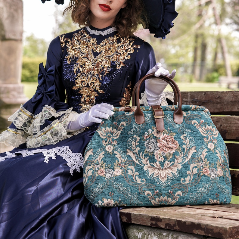 Victorian Purses, Bags, Handbags | Edwardian Bags     Personalized Victorian Carpet Bag Mary Poppins Vintage Leather weekender Handmade Travel Bag Bridesmaid Gift for Her Floral Teal Color $196.00 AT vintagedancer.com