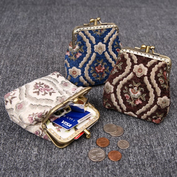 Vintage Handsewn Carpet Coin Purse Victorian Style Double Kiss