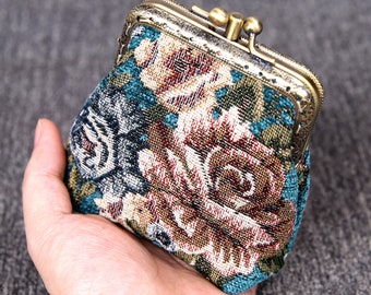 Vintage Handsewn Carpet Coin Purse Victorian Double Kiss Lock Card Pouch Ball Clasp Bag Bridesmaid gift for her Floral Teal Color