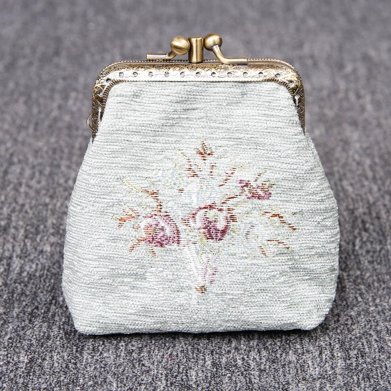 Vintage Handsewn Carpet Coin Purse Victorian Style Double Kiss Lock Card Pouch Ball Snap Clasp Bag Bridesmaid gift for her Bouquet Pattern