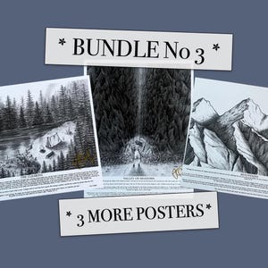 May include: Bundle of three art prints featuring black and white illustrations of landscapes. One print depicts a forest and lake, another a figure in a valley, and the last, a mountain range. Text on the prints reads "The Clearing", "Valley of Shadows", and "Mountains".