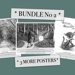 May include: A set of three black and white illustrations featuring a path in the woods, a girl walking in the woods with a light, and a mermaid holding an anchor. The text on the posters reads "Run the Race", "Light the Way", and "Anchor of Hope". The posters are part of a bundle called "Bundle No. 2" and there are "3 More Posters" available.