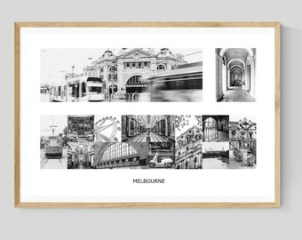 Melbourne City Collage Photography Print with white border, Black and White Australian Architecture Wall Art